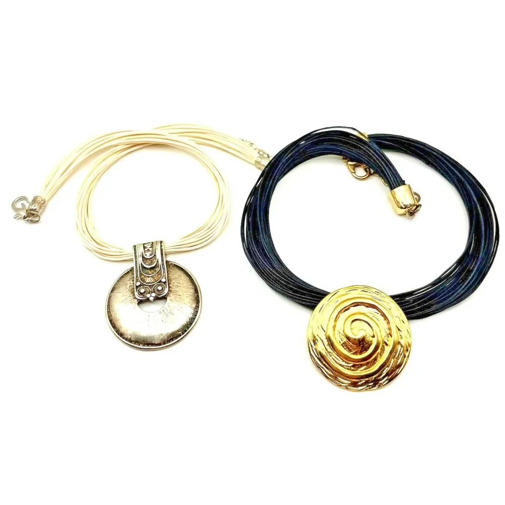 Multi Strand Necklaces Black And Gold & Silver Circle Pedant Pendants Women's
